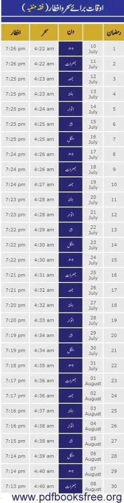 Ramadan 2013 Timetable Fiqh Hanfi in Pakistan