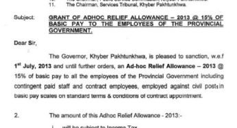 Notification of Adhoc Relief Allowance-2013 @15% by Khyber Pakhtunkhwa